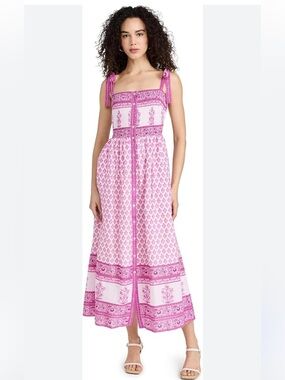 Tuckernuck Charina Sarte  100% cotton white pink smoked midi dress size small